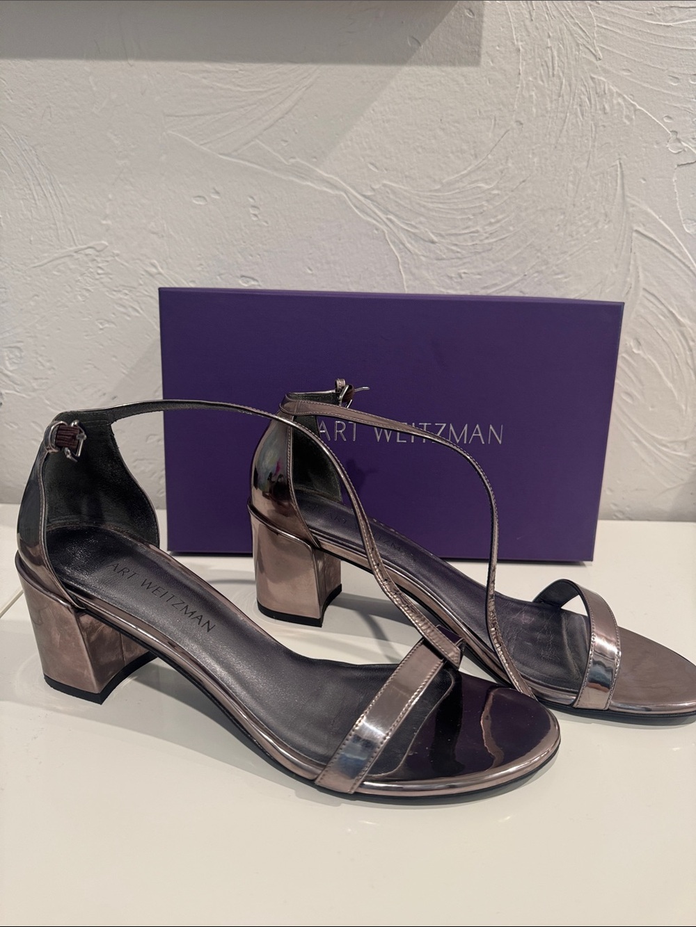 Stuart Weitzman pewter glass Block Heel Sandals